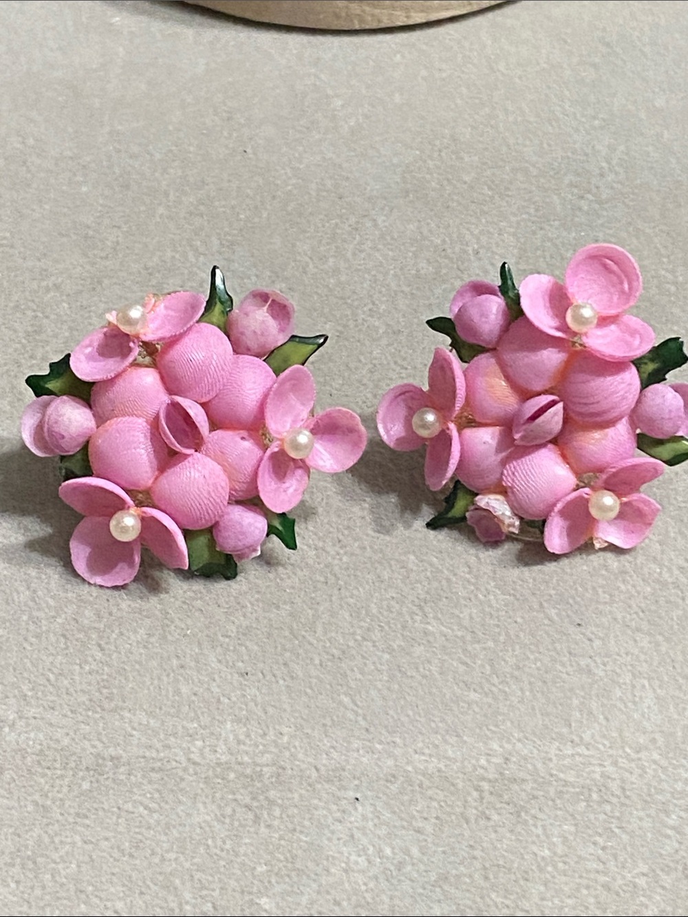 Pink Floral Shell Cluster Screw Back Earrings